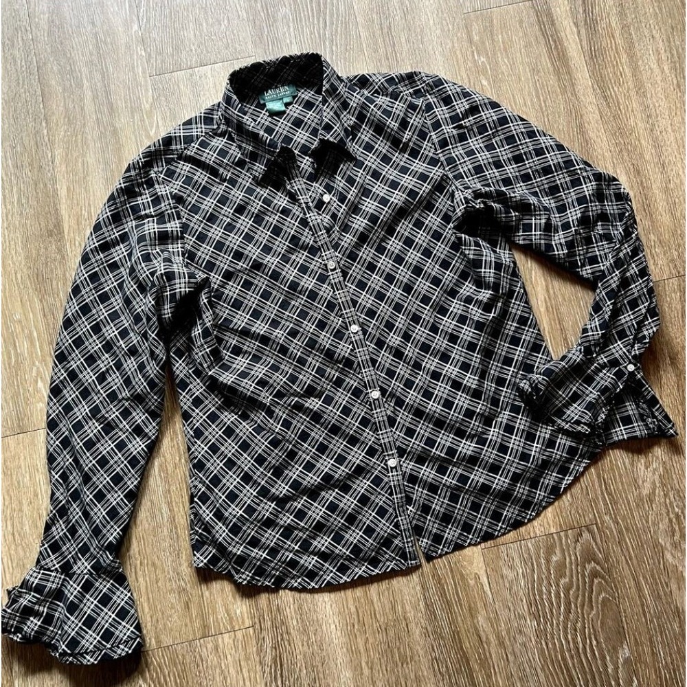 Lauren Ralph Lauren Plaid Black Flare Sleeve button down top
